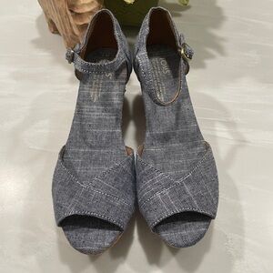 TOMS Denim Chambray Linen Open-Toe Cork Wedge Strap Women's Sandal size 7